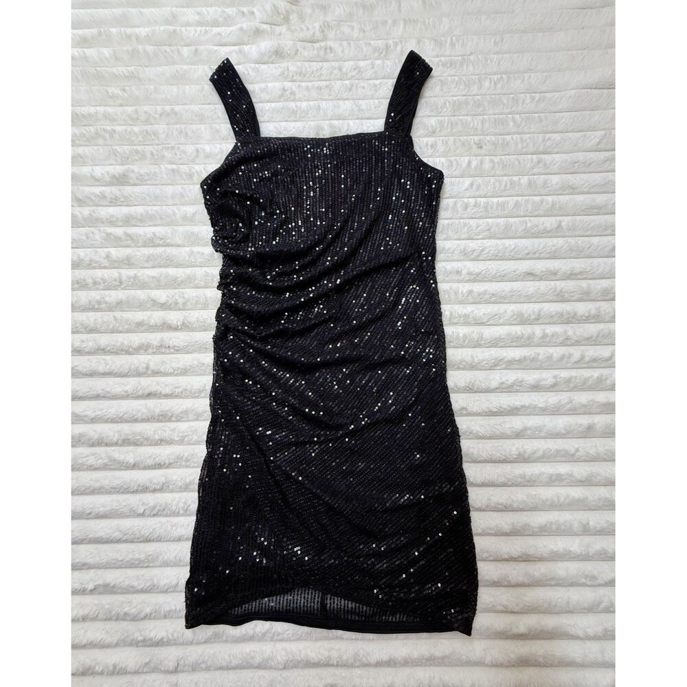 Grace Karin Black Sequin Ruched Sheath Square Neck Knee Dress Zip Size M